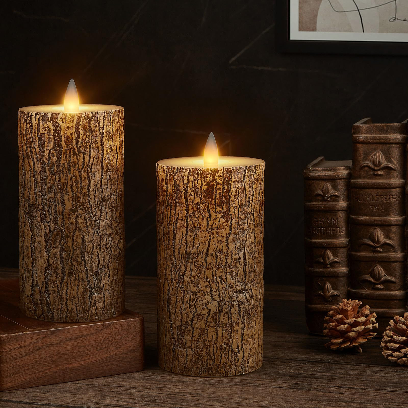 Brown Bark Wax Flameless Pillar Candles with Remote Timer, 3D Moving Flame Led Candles up to 400 ... | Amazon (US)