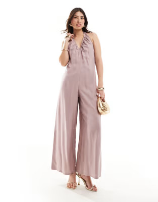 ASOS DESIGN plunge v neck halter jumpsuit in mauve | ASOS (Global)