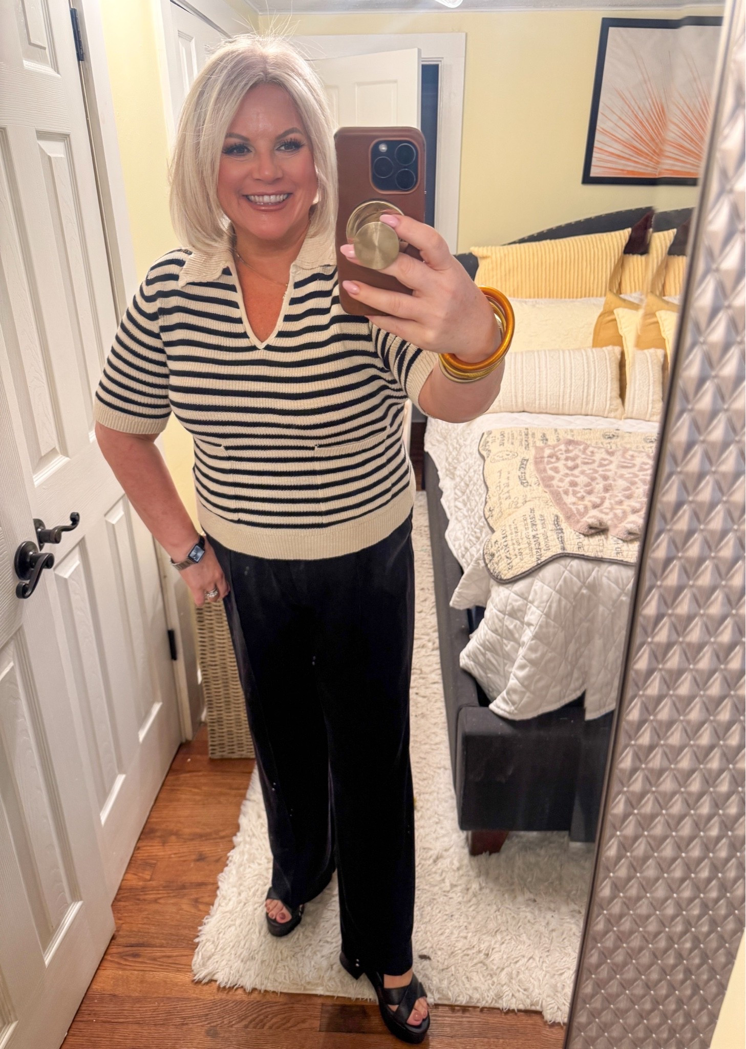 Here is another outfit that is ideal for transitioning into fall.
This stripped polo is a light sweater type material, it doesn't scream summer. So far, I worn it with a denim skirt, and black slacks for at work.
Business casual outfits, office outfits, fall outfits

#LTKootd #LTKWorkwear #LTKOver40