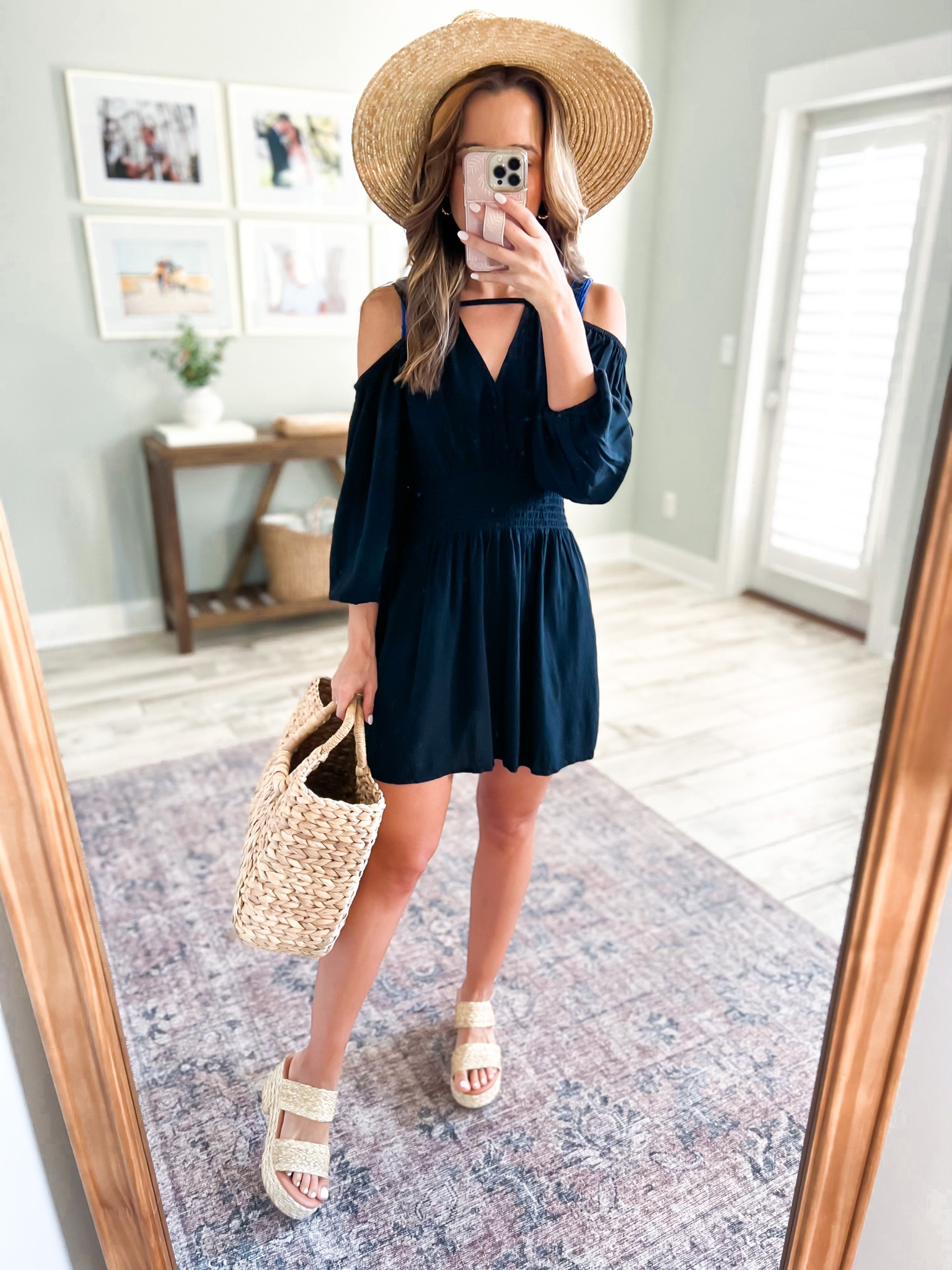 Old Navy Vacation dress. Resort Wear. Little black dress (XSP). Straw platform sandal (color cognac). Target straw bag. Beach vacation. Spring break. Honeymoon outfit. Tropical vacation. Favorite straw hat. 

#LTKshoecrush #LTKswim #LTKtravel