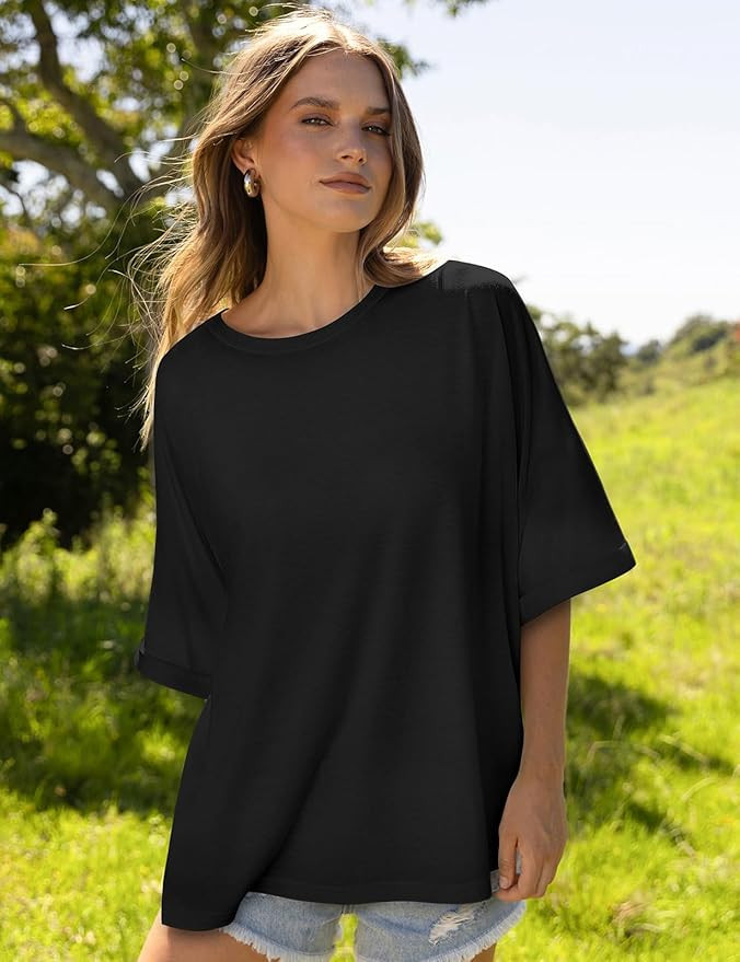UEU Women Oversized T-Shirt Loose Fit Workout Tops Short Sleeve Gym Basic Tee Shirt | Amazon (US)