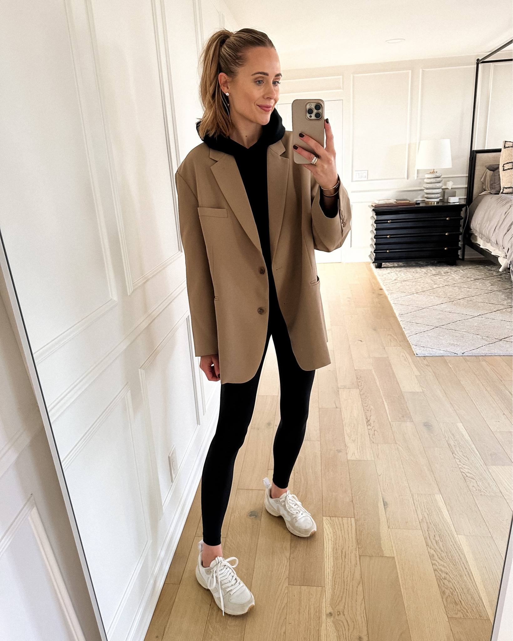 Fashion Jackson wearing tan blazer (small) black leggings, veja sneakers, black hoodie sweatshirt #falloutfit #sneakers 

#LTKstyletip #LTKunder50 #LTKshoecrush
