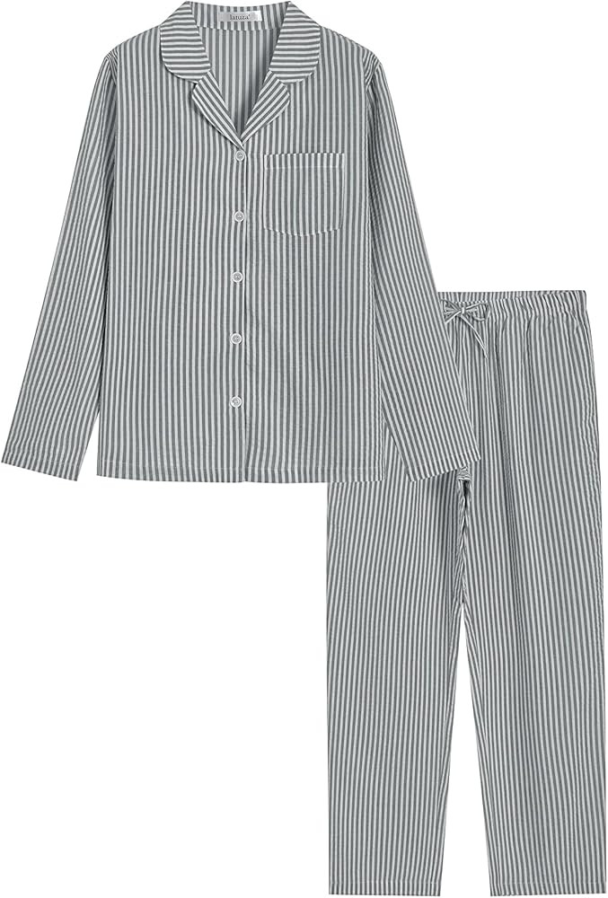 Latuza Women's Cotton Long Sleeve Pajama Set Seersucker Button Down Pj Set | Amazon (US)