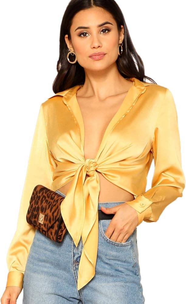 SheIn Women's Long Sleeve Self Tie Knot Front Satin Crop Top Blouse Shirt Yellow XS at Amazon Wom... | Amazon (US)
