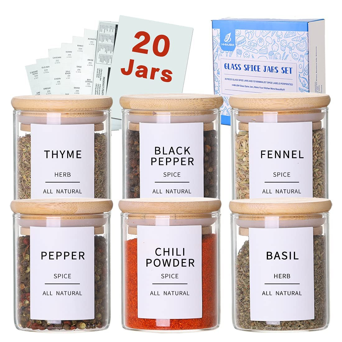 Glass Spice Jars with Bamboo Lids - 20 Pcs Thicken(2.4mm) 4oz Airtight Seasoning Containers with ... | Amazon (US)