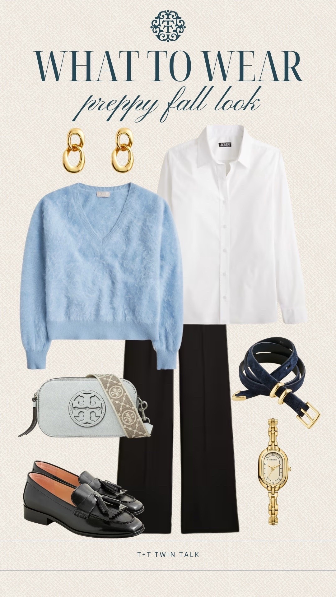 T+T, what to wear! Since we are headed into fall we are getting into layering! This white button down looks great underneath this blue v-neck from J.Crew. We paired it with black pants, a Tory Burch bag, and gold jewelry. 

#LTKStyleTip #LTKMidsize #LTKOver40