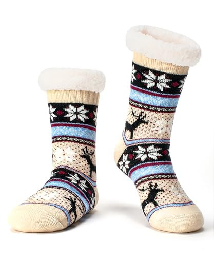 Cozylook Cozy Slipper Socks for Women Non-Slip Grippers Thermal Fluffy Sherpa Fuzzy Socks Winter Warm Fleece Christmas Socks Cream Reindeer LXL | Amazon (US)