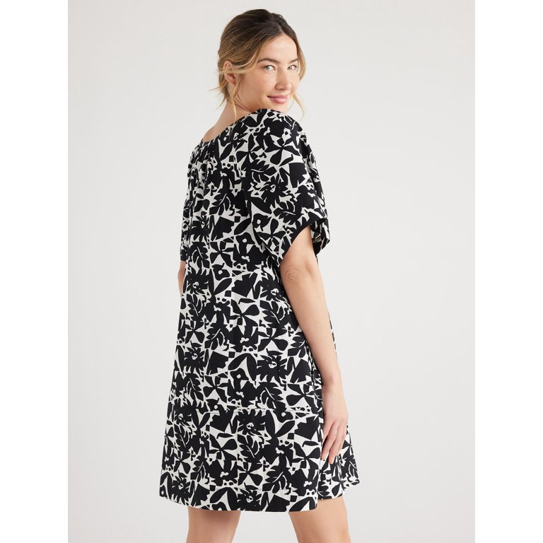 Free Assembly Women's Square Neck Print Mini Dress with Short Sleeves, Sizes XS-XXL - Walmart.com | Walmart (US)