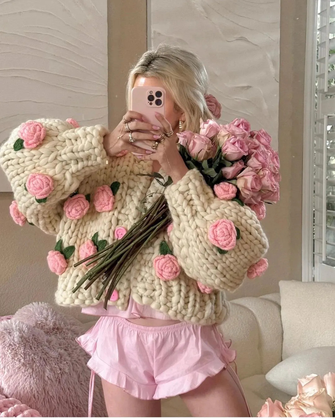 Leilayca Big Pink Roses Cardigan , Chunky Cropped Cardigan For Woman , Ecru Sweater With Pink flo... | Etsy (US)