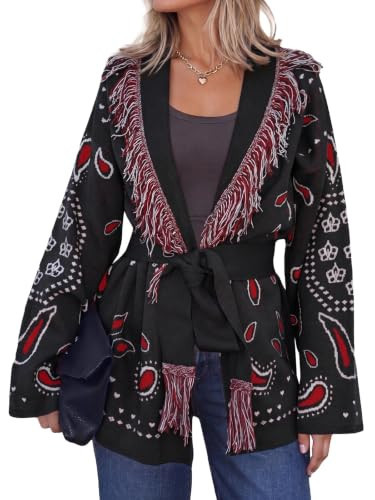 Cicy Bell Womens Fringe Cardigan Printed Long Sleeve V Neck Belt Sweaters | Amazon (US)