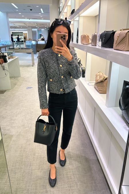 • AF Tweed Jacket xxs - sleeves folded under. Absolutely love the rest of the fit including a hard to find shorter torso length that is this flattering for petites . 

• Express black straight jeans 00 short

• Chanel flats 

•YSL bucket bag , just trying it on in store for size 

#petite classic winter work outfits 

#LTKworkwear #LTKSeasonal #LTKitbag