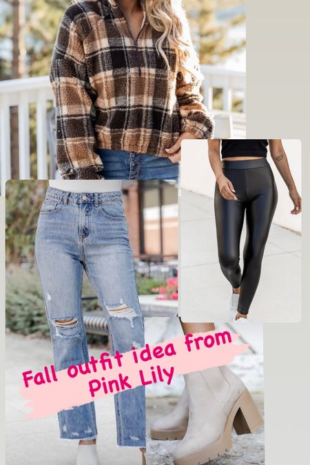 Fall outfit idea from Pink Lily 🍂🍁 // casual fall outfit// denim// distressed denim// highwaisted denim// fleece sweater shirt// fleece pullover// faux leather leggings// booties// platform booties // 🍂🍁 

#LTKshoecrush #LTKSeasonal #LTKstyletip