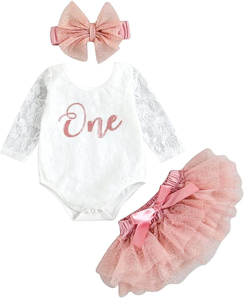 Baby Girls My 1st Birthday Outfits Long Sleeve Floral Lace Romper + Tutu Skirt + Headband Set | Amazon (US)