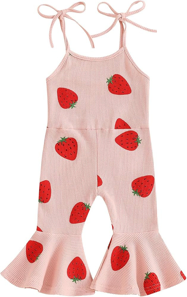 Toddler Baby Girl Jumpsuit Clothes Bell Bottom Romper Strawberry Print Pant Suspender Girl One Pi... | Amazon (US)