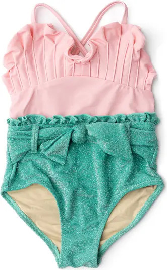 Kids' Metallic Ruffle Tie Belt One-Piece Swimsuit | Nordstrom