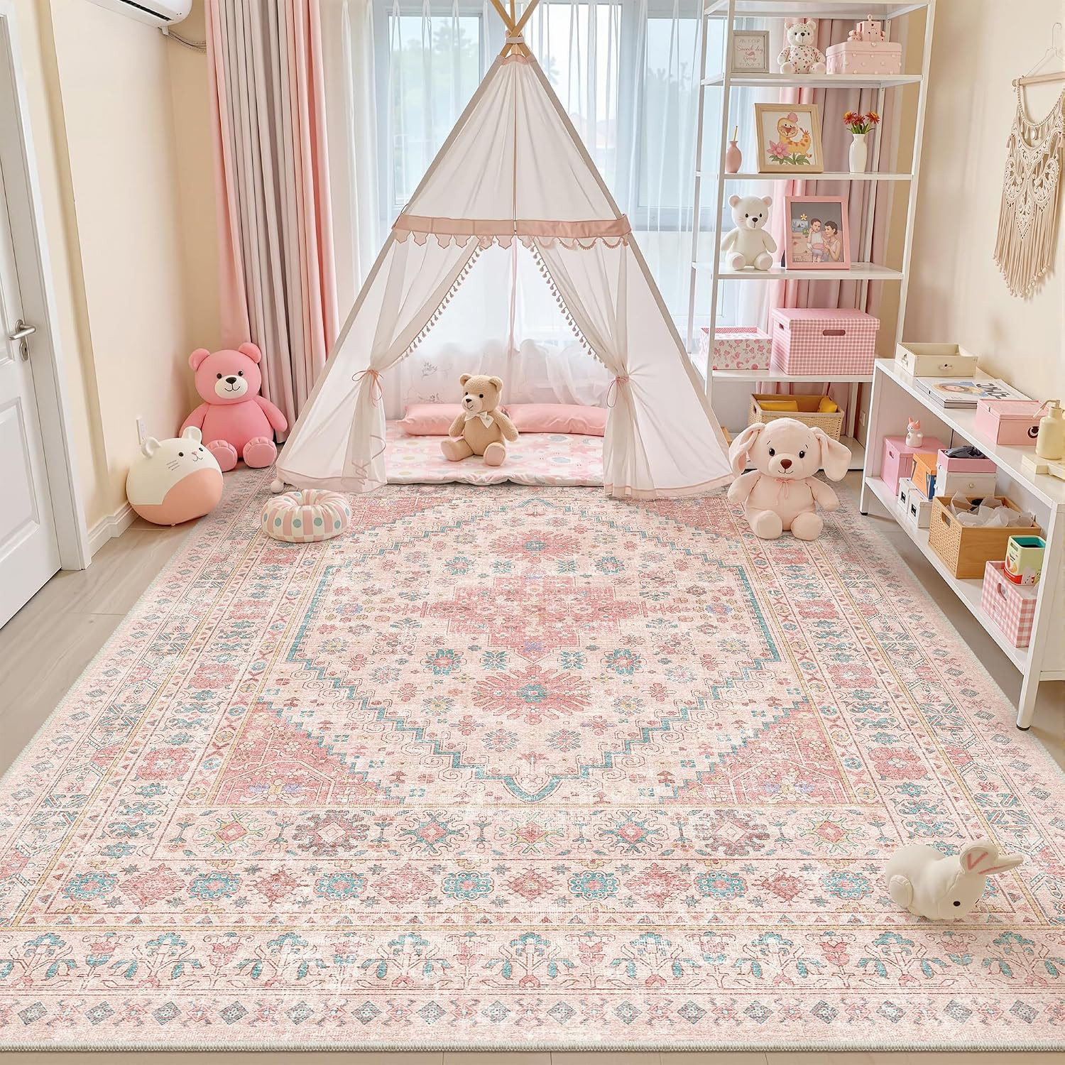 zesthome 8x10 Area Rugs for Girls Bedroom, Non-Slip Backing Washable Rugs, Vintage Large Pink Rug, Stain Resistant Nursery Room Rug (Pink/Blue,8'x10') | Amazon (US)