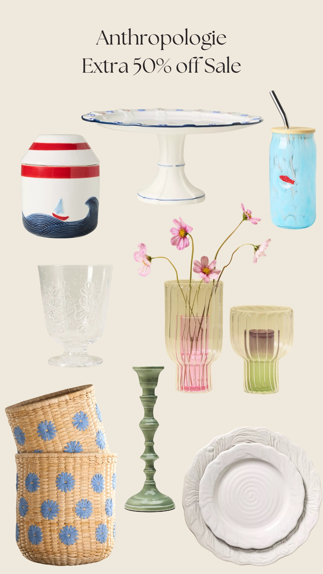 Anthropologie is having a sale offering an extra 50% off sale items! Here are some of my favorite style and beauty picks! ✨ 

summer sale 
anthropologie home
green candle stick
glassware
glass tumbler with lid
vase
baskets
plates
cake stand
seasonal home finds 

 #LTKfoodie #LTKHome #LTKSaleAlert
