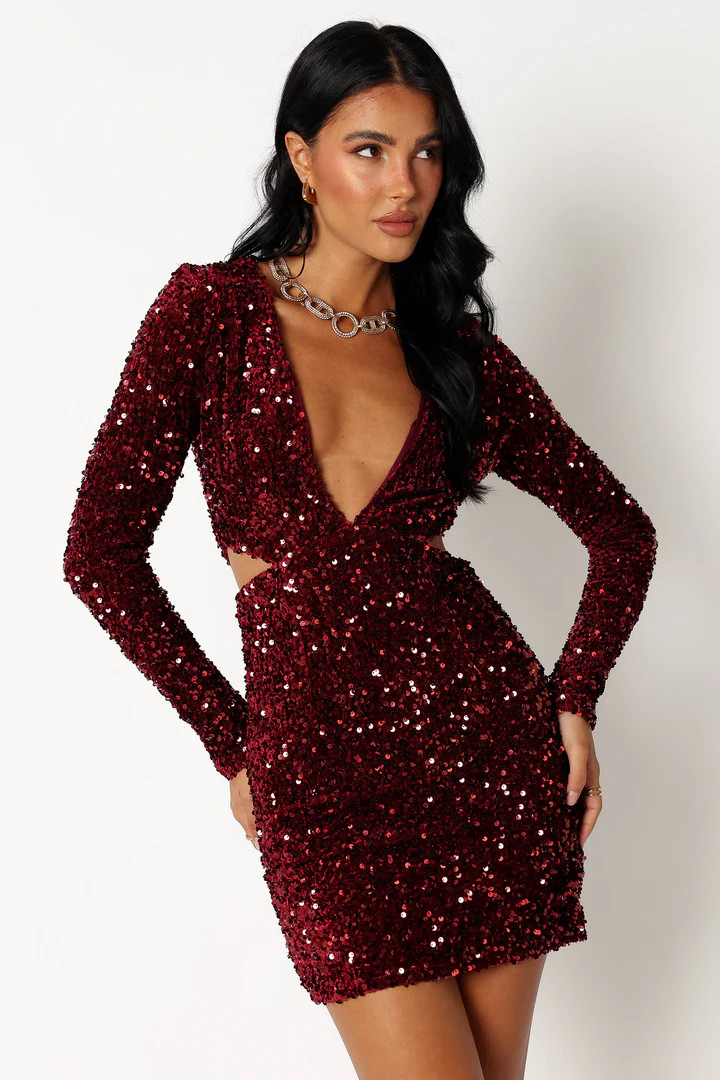 Kelly Long Sleeve Sequin Mini Dress - Wine | Petal & Pup (AU)