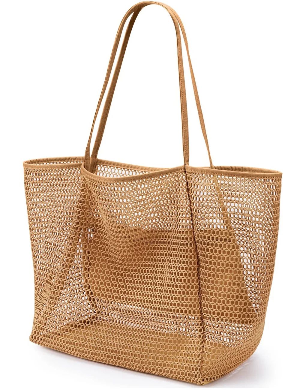 Tancuzo Beach Mesh Tote Bag,Womens Casual Tote Bag Shoulder Bag for Beach Vacation Picnic,Tan | Walmart (US)