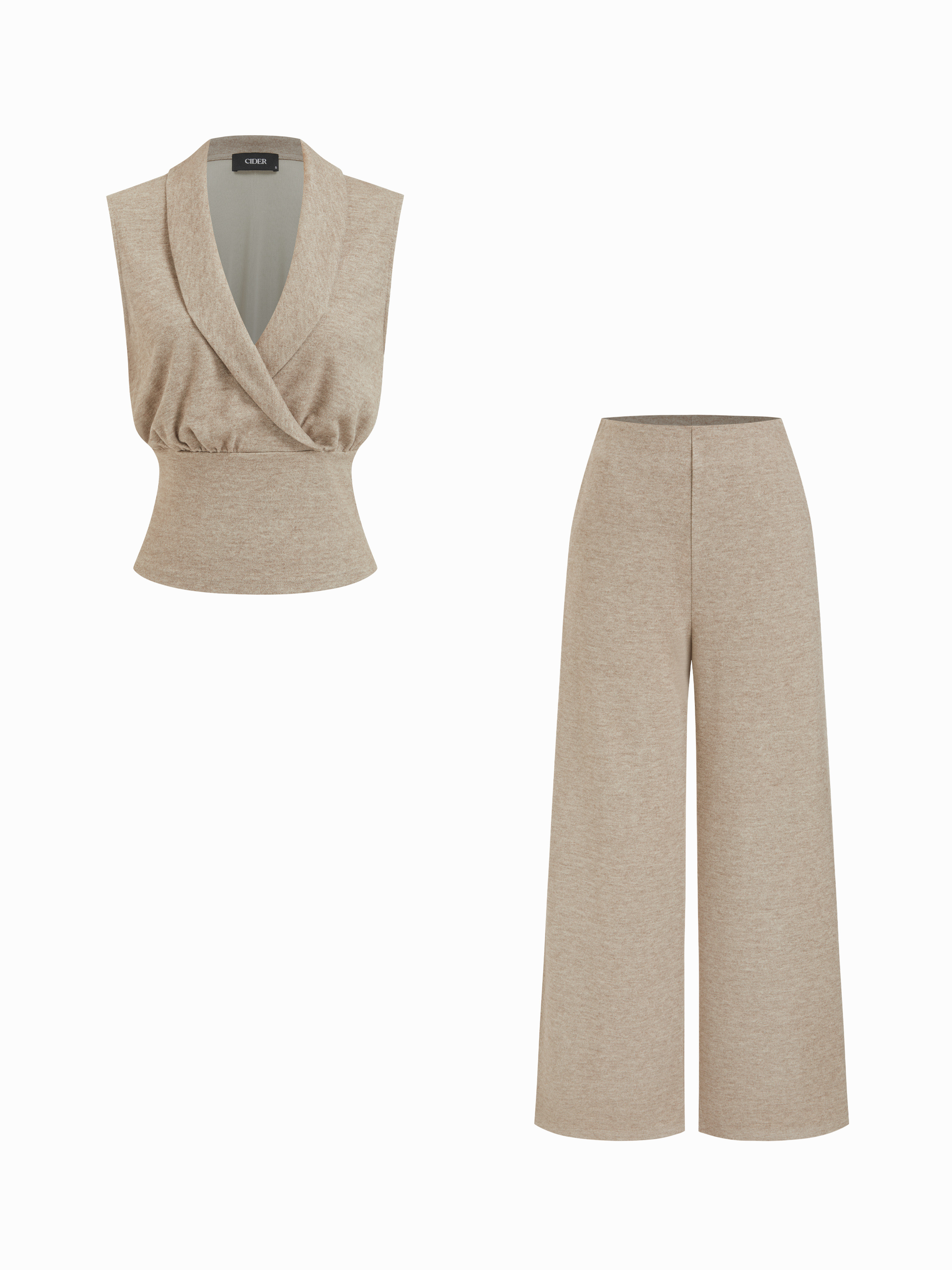 Knit Fabric V-Neck Cross WrapTop & High Rise Straight Leg Trousers Set For Daily Casual Work | Cider
