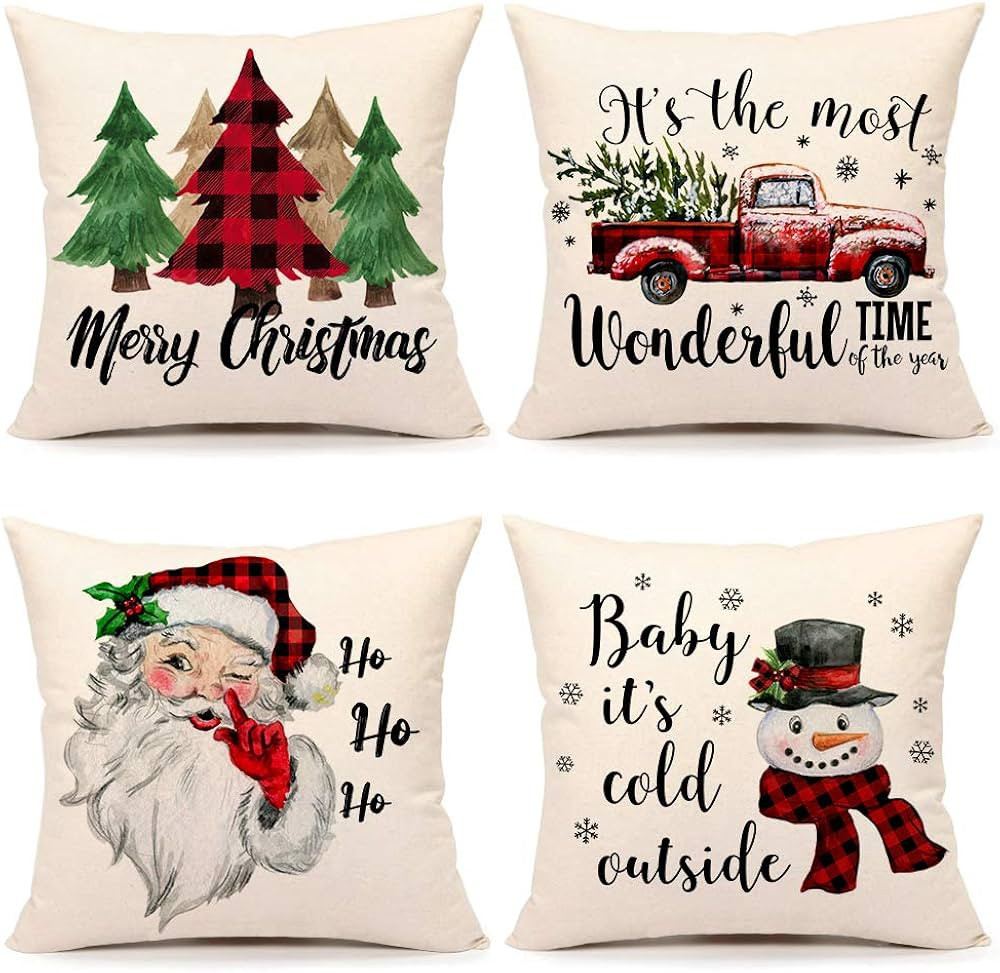4TH Emotion Christmas Pillow Covers 18x18 Set of 4 Farmhouse Christmas Decor Red Black Buffalo Pl... | Amazon (US)