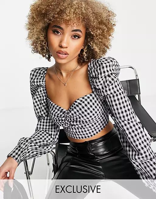 Missguided puff sleeve corset top in black gingham | ASOS (Global)