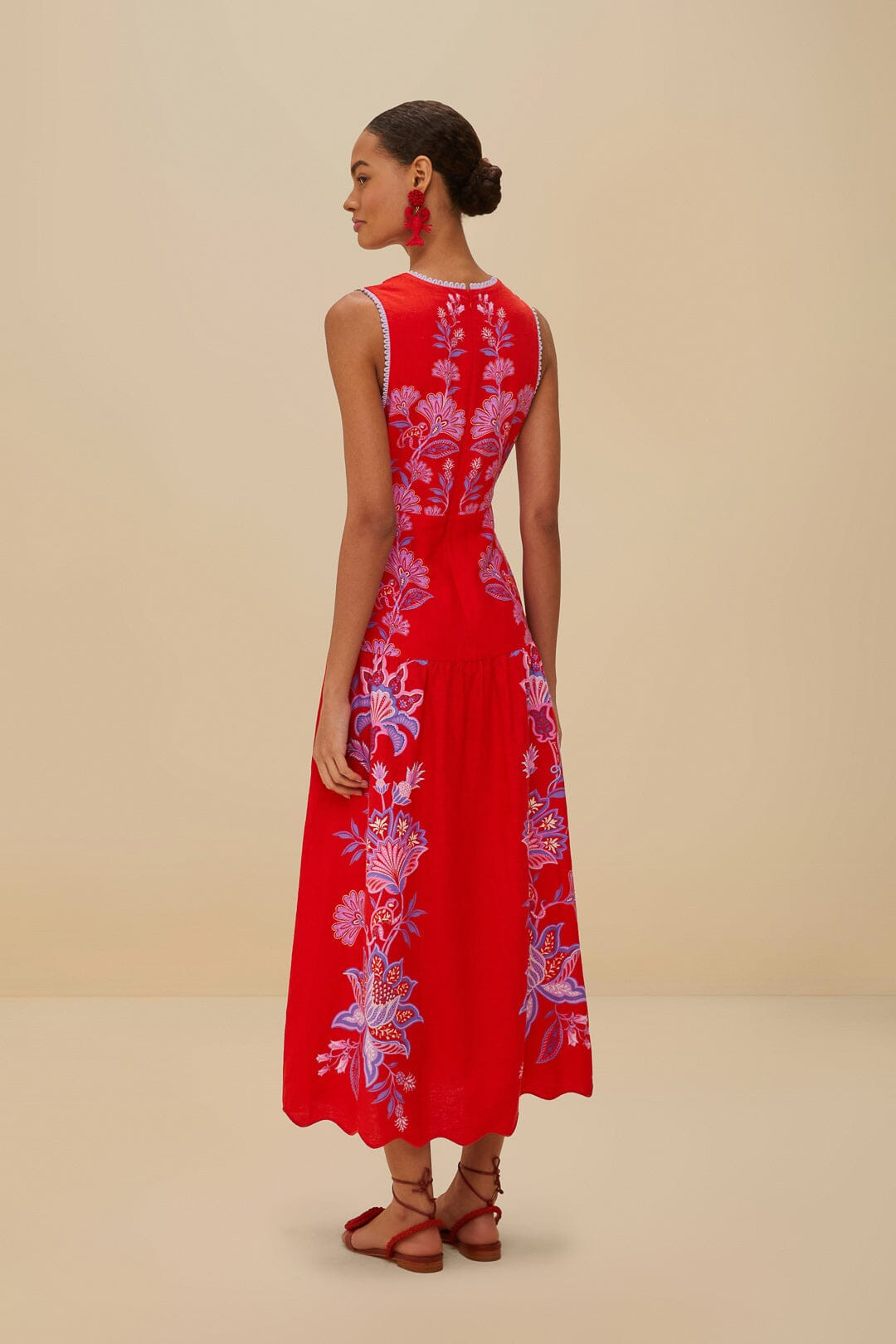 Red Porcelain Garden Euroflax™ Premium Linen Midi Dress | FarmRio (US)