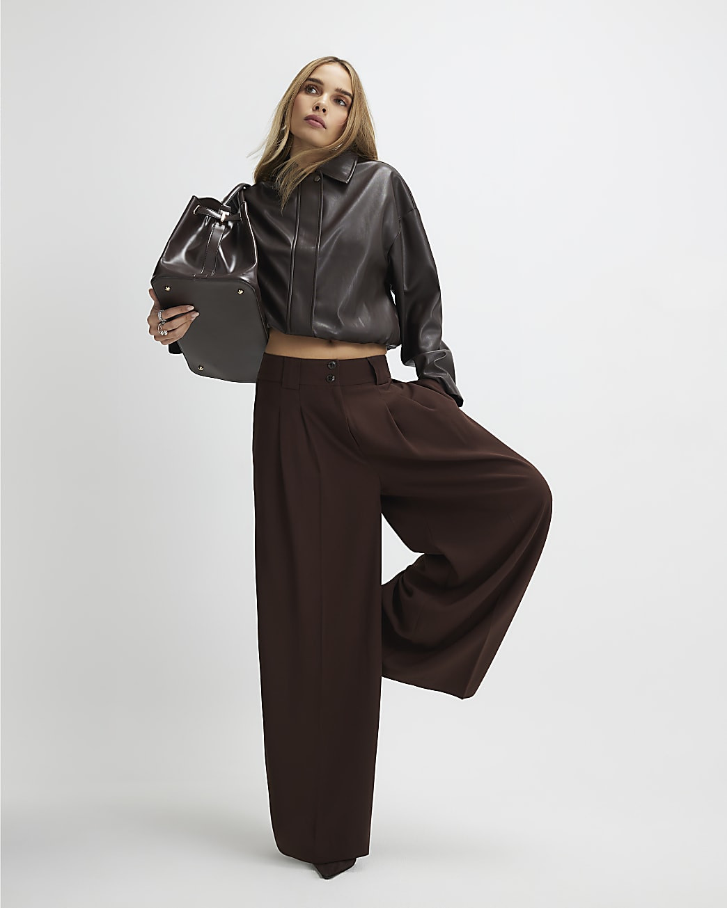 Brown Pleated Wide Leg Trousers | River Island UK & IE