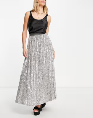 ASOS DESIGN sequin pleated midi skirt in silver | ASOS (Global)