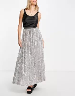 ASOS DESIGN sequin pleated midi skirt in silver | ASOS (Global)