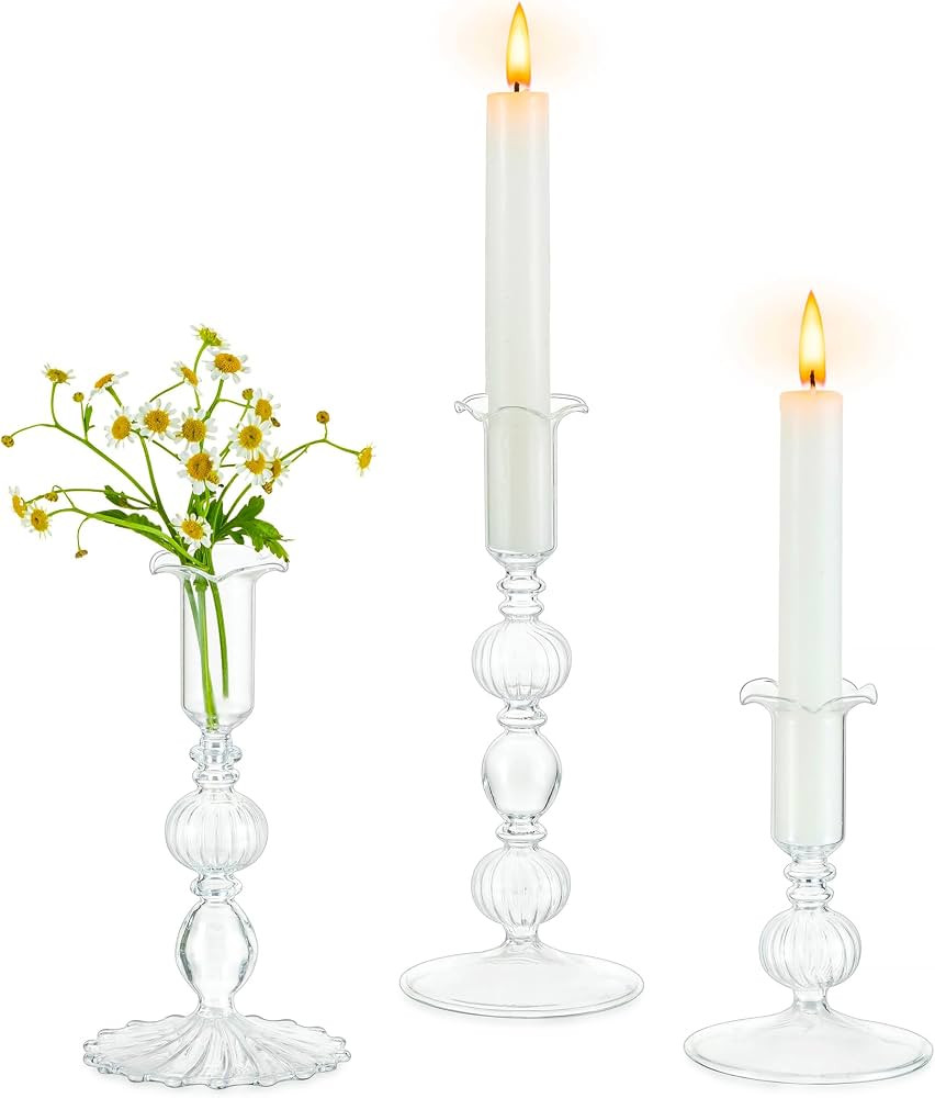 Glasseam Glass Tapered Candlestick Holders: Set of 3 Clear Candle Sticks Holder Decor with Bobech... | Amazon (US)