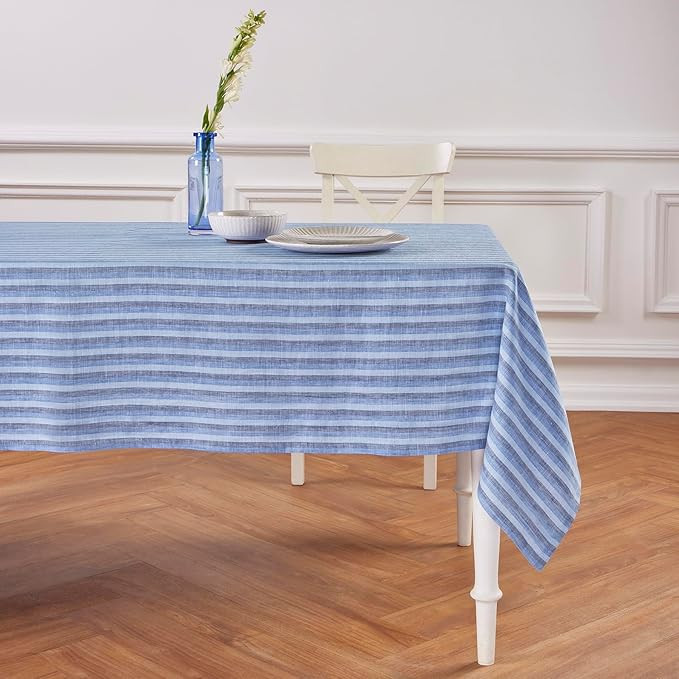 Solino Home Stripe Linen Tablecloth 108" L x 60" W Inch – 100% Pure Linen Bistro Blue Tableclot... | Amazon (US)