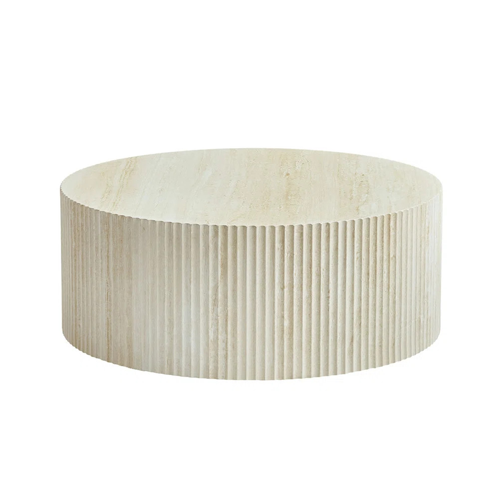 Faux Travertine Round Coffee Table With Striking Relief Design And Durable Stone-Look Surface. | Wayfair North America