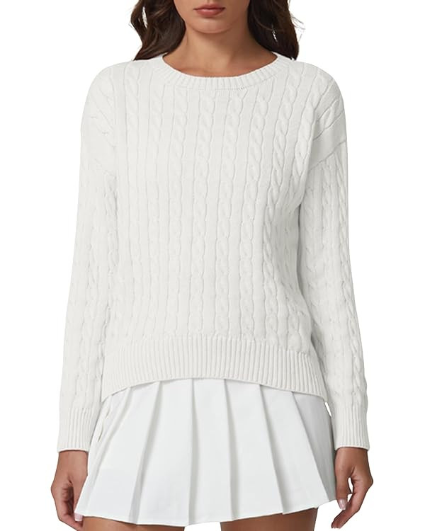 QINSEN Cable Knit Sweater for Women Long Sleeve 90s Vintage Ribbed Pullover Crewneck Sweater Tops | Amazon (US)