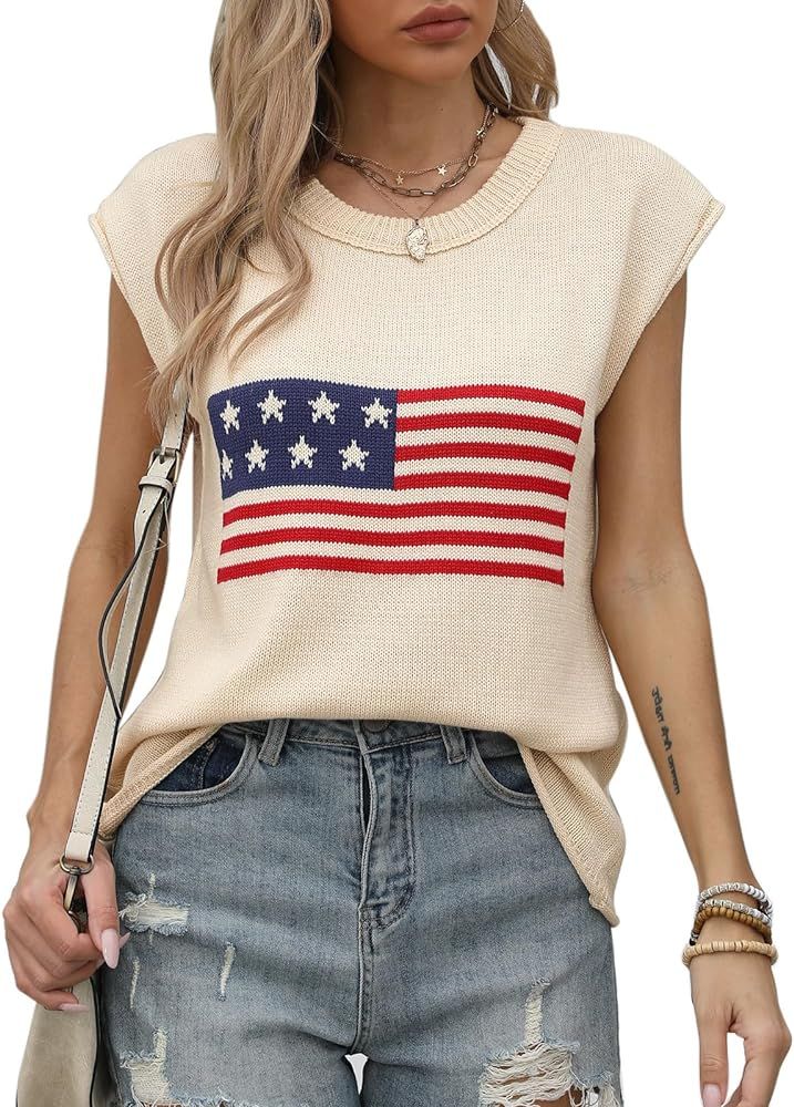 Alsol Lamesa Women’s American Flag Graphic Cap Sleeve Vest Pullover Sweater Knit Crew Neck Tank... | Amazon (US)
