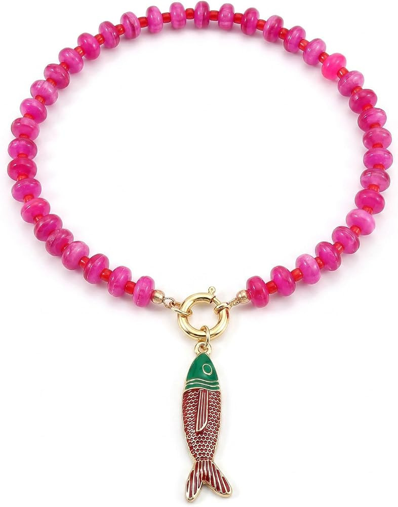 Boho Beaded Fish Necklaces for Women Acrylic Resin Chunky Beaded Necklace Toggle Strand Bead Fish... | Amazon (US)