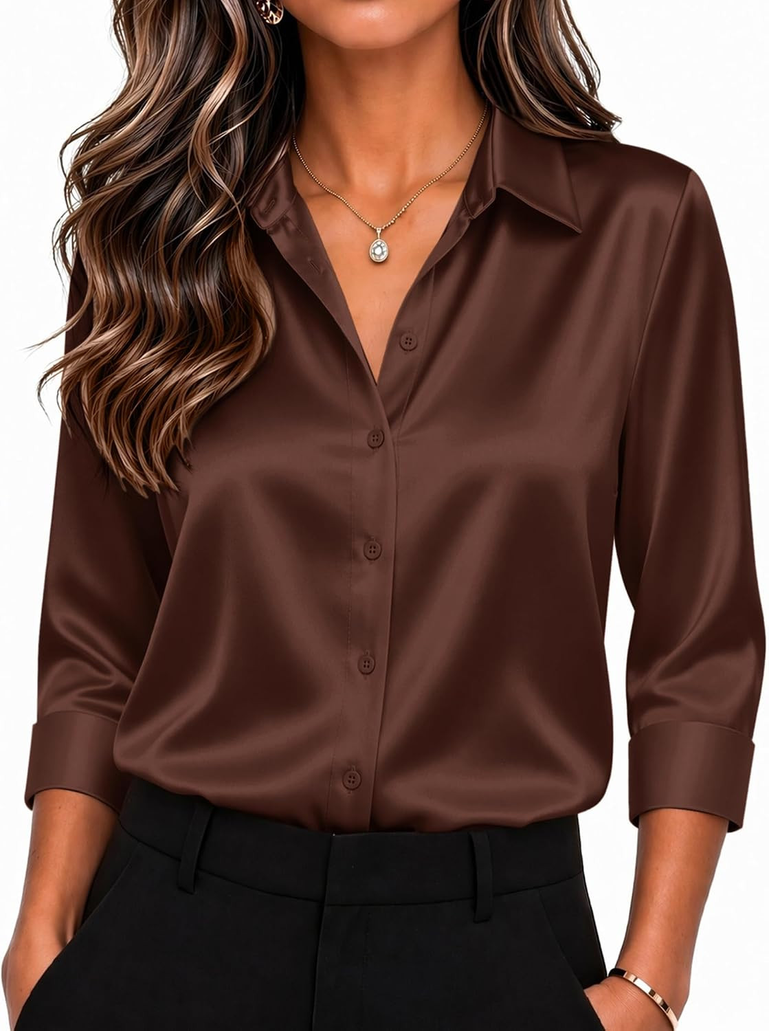 Zeagoo Womens Satin Blouses Button Down Shirts 3/4 Sleeve Dressy Tops S-2XL | Amazon (US)