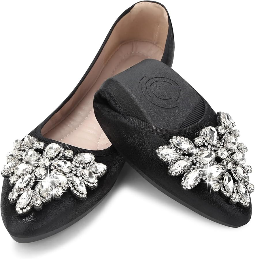 KUNWFNIX Women Ballet Flats Rhinestone Wedding Ballerina Shoes Foldable Sparkly Comfort Slip on F... | Amazon (US)