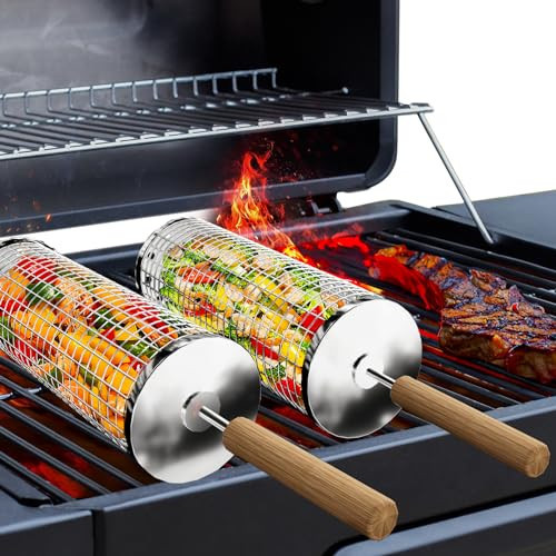 Rolling Grill Basket(2PCS), Removable Wooden Handle, 304 Stainless Steel, Nesting Grilling Net, BBQ Accessories Tool for Vegetable Shrimp, Outdoor Cooking Camping, Birthday Gifts for Men Dad Husband | Amazon (US)