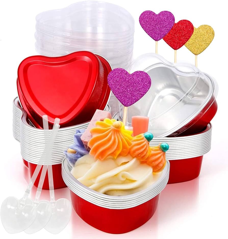 Heart Shaped Cake Pans Valentine Aluminum Mini Cake Pans with Lids for Baking 30 Packs 3.4 Ounces... | Amazon (US)