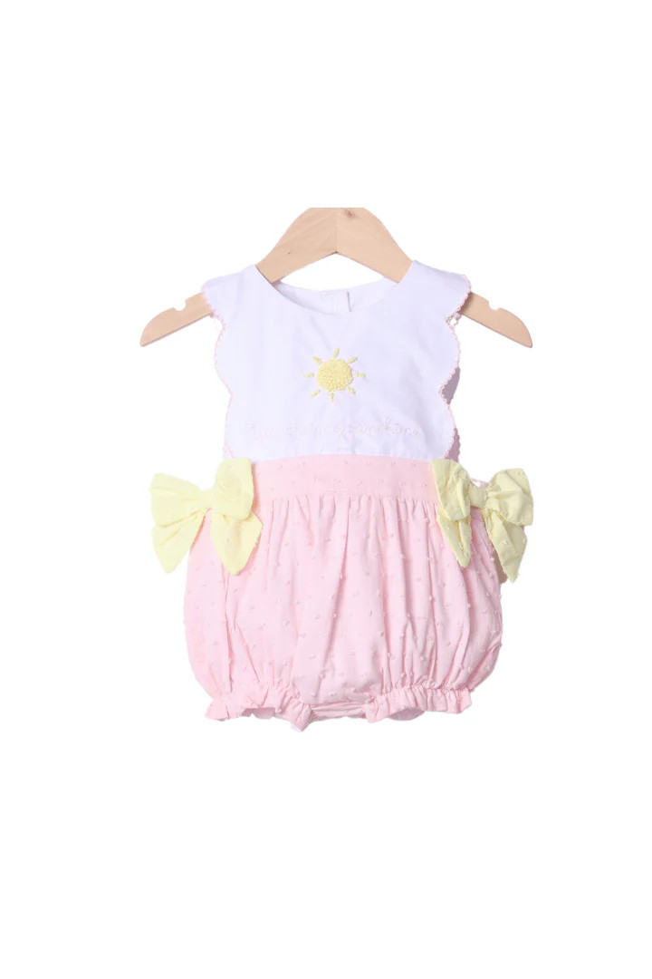 French Knot You are My Sunshine Pink Swiss Dot Bubble | The Smocked Flamingo