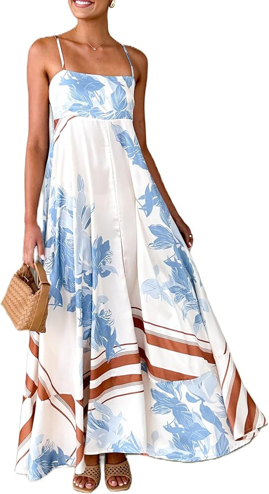 UAURORAO Women Boho Maxi Dress Smocked Wedding Guest Long Flowy Dresses Spaghetti Strap Floral Ru... | Amazon (US)