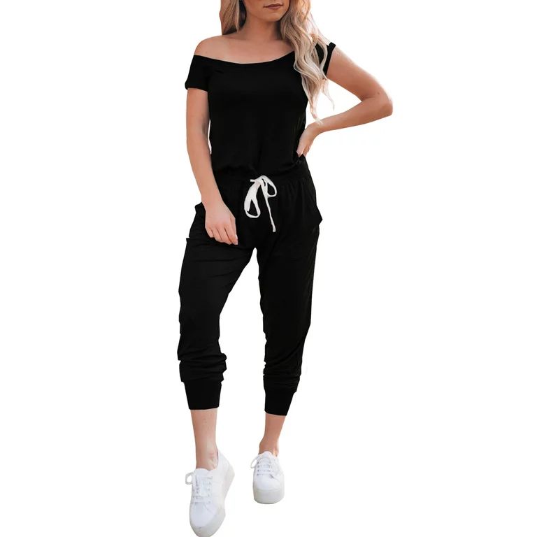 Women's Casual One Off-Shoulder Short Sleeves Drawstring Waist Stretchy Jumpsuit Romper Playsuit ... | Walmart (US)