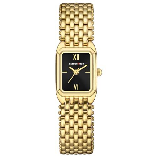GOLDEN HOUR Vintage Rectangle Bracelet Watch for Women, Gold Tone, Dainty Style in Black Face | Amazon (US)
