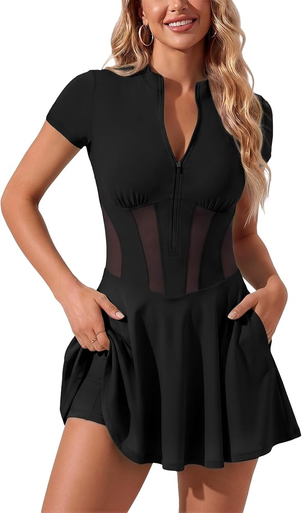 SAUNGKUAI Womens Short Sleeve Athletic Dress Built-in Bra & Shorts Pockets | Amazon (US)