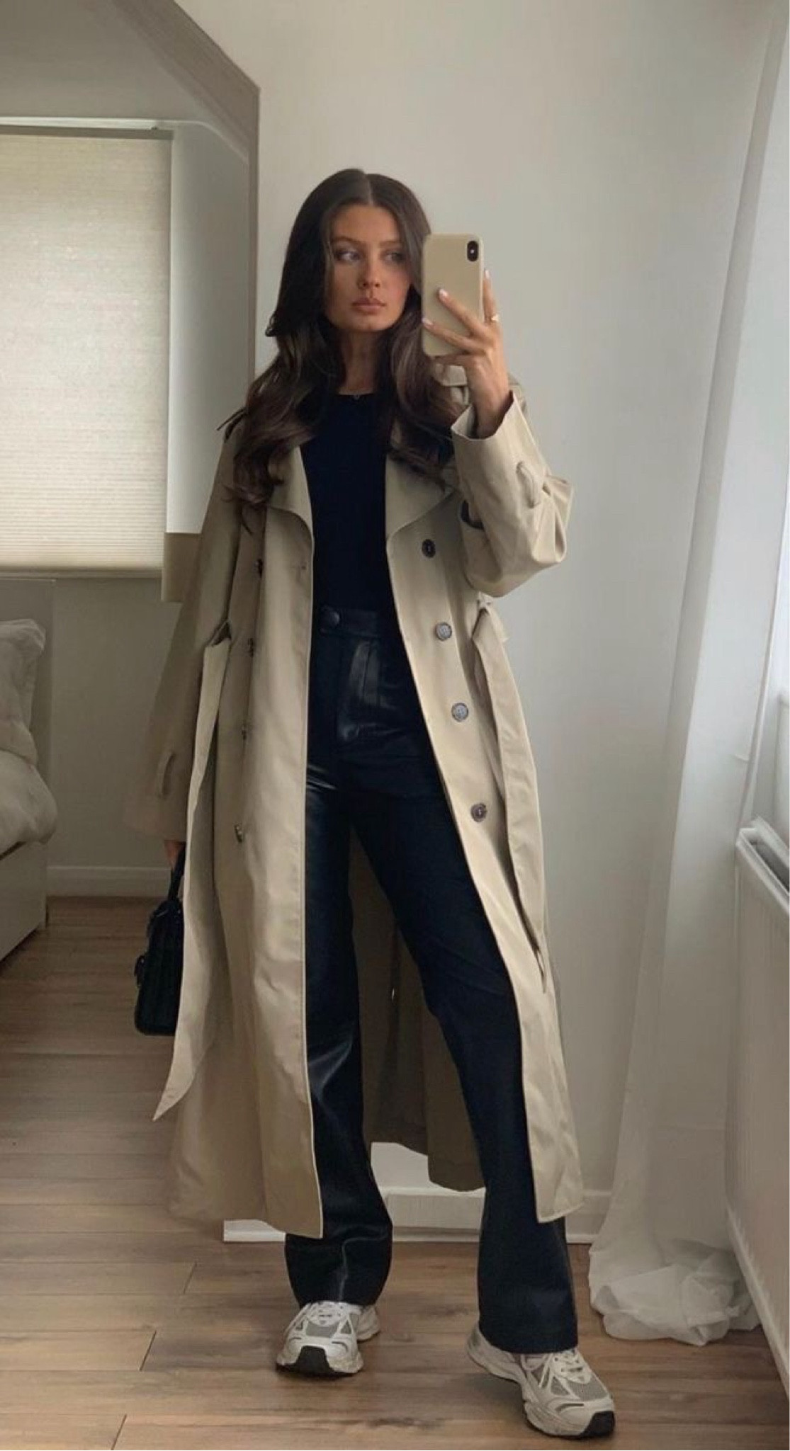 Trench coat outfit inspo | Long trench coat, leather pants, black sweater  

#LTKsalealert #LTKstyletip #LTKSeasonal