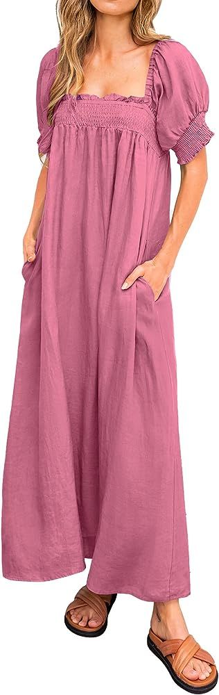 KIRUNDO Women 2024 Summer Maxi Dress Casual Loose Puff Sleeve Square Neck Maternity Flowy Long Be... | Amazon (US)