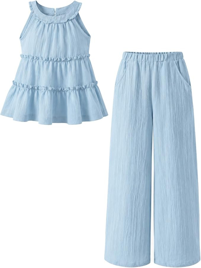 Cakaner Teen Girls Clothes Ruffle Sleeveless Tank Top and Wide Leg Pants 2 Piece School Outfit Se... | Amazon (US)