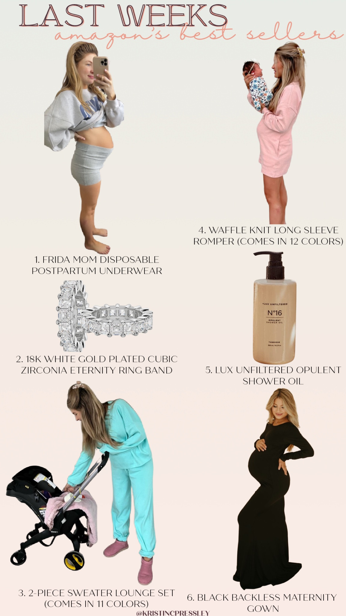 Amazons last two weeks bestsellers. White gourd cubic zirconia ring. Fake ring. Amazon jewelry. Affordable jewelry. Free to mom. Postpartum. Disposable underwear. Postpartum outfit. Hospital outfit. Mom outfit. Pink longsleeve romper. Lounge romper. Spring outfit. Blue lounge set. Blue sweatshirt and jogger set. Spring lounge outfit. Maternity gown. Black backless, maternity gown. Bump style. Shower oil. Lux beauty.

#LTKbeauty #LTKbaby #LTKbump