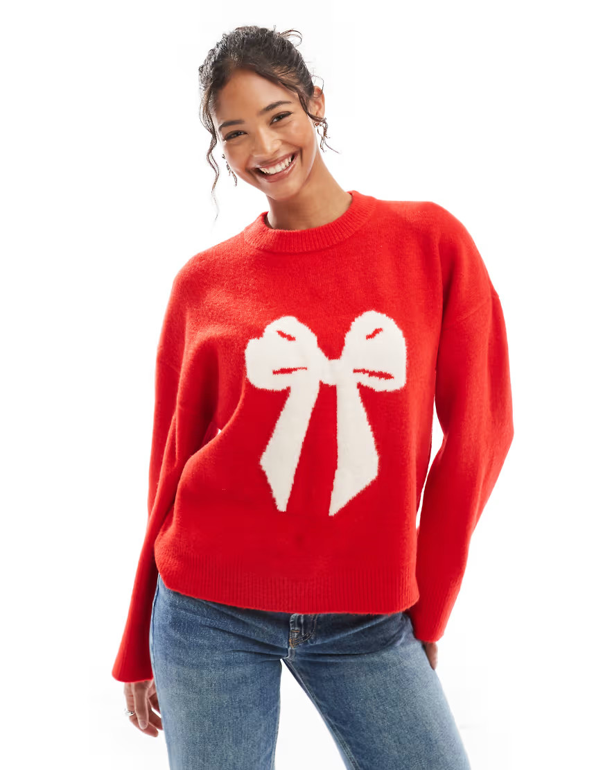 ASOS DESIGN crew neck boxy bow sweater in red-Multi | ASOS (Global)